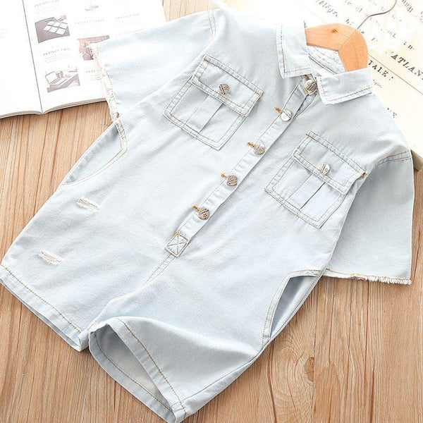 Girls Short Sleeves Solid Color Button Rompers