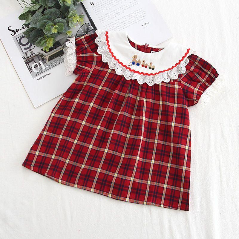 Classic Style Girls Red Plaid Print Cute Collar Dress