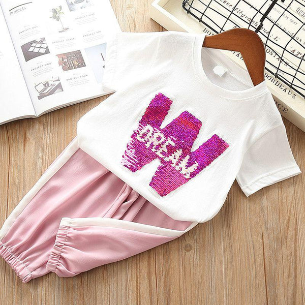 2 Pcs Girls Shine Sequins Design Short Sleeves Tees And Casual Pants