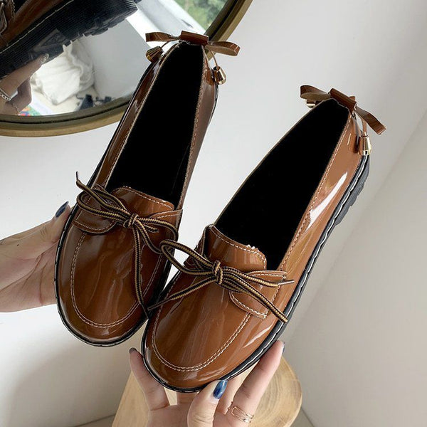 British Style Bowknot Decor Solid Color Round Toe Casual Shoes