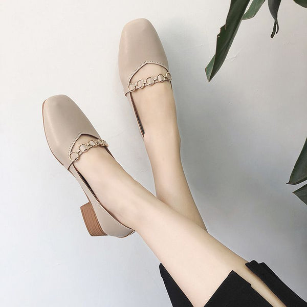 British Style PU Upper Metal Buckle Decor Square Toe Chunky Heel Shoes