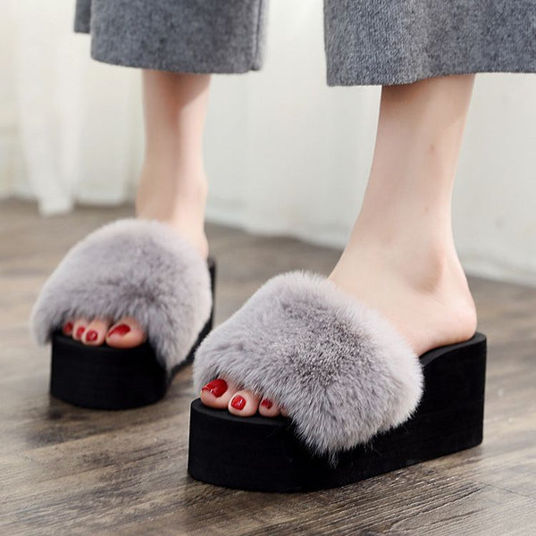 Imitation Fur Upper Women Fashion Outdoor Platform Slippers Shoes