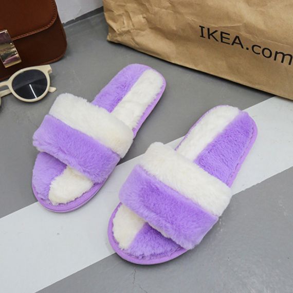 Imitation Fur Upper Color Blocking Design Women Winter Anti Skid House Slippers Shoes