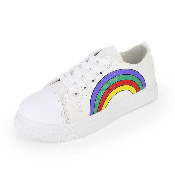 Fresh Style Rainbow Printed Round-toe Lace-up Flat Sneakers Shoes