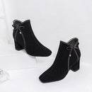 Women Fashion Elegant Solid Color Bowknot Decor Square-toe Chunky Heel Boots Shoes