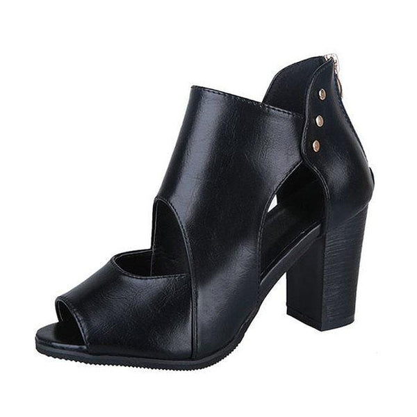 PU Hollow Out Upper Design Women Peep-toe Chunky Heel Sandals Shoes