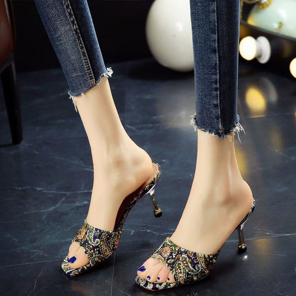 Ethnic Style Women Fashion Square-toe High Heel Slippers Shoes