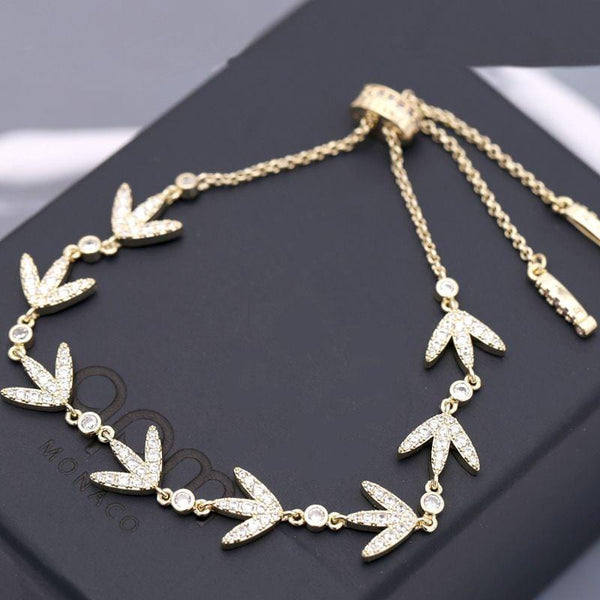 Women Simple Leaf Pattern Gold Plated Brass Chain Zircon Bracelet