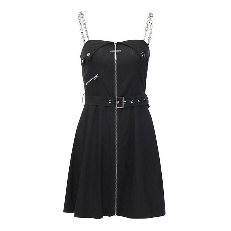 Women Gothic Black Color Unique Metal Strap Belted Zipper Dress