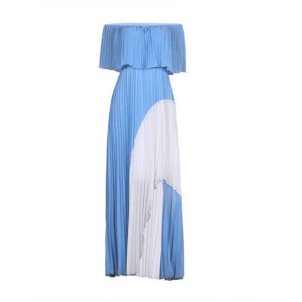 Fashion Ruffled Off-shoulder Block Color Irregular Hemline Pleated Chiffon Maxi Dress
