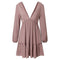 Women Plain Color Long-sleeve Deep V Neck Casual High-waisted Flouncing Dress