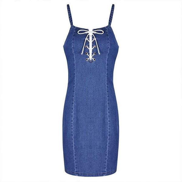 Women Sexy Hollow Lace-up Design Casual Mini Denim Strap Dress