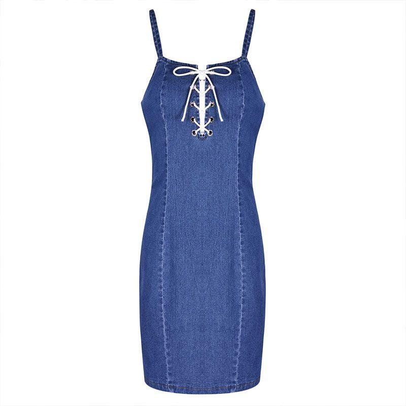 Women Sexy Hollow Lace-up Design Casual Mini Denim Strap Dress