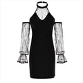 Women Unique Halter Neck Cool Shoulder Mesh Patchwork Backless Black Dress