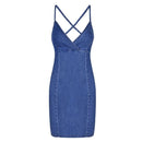 Women Sexy Backless Lace-up Bandage Design Halter Neck Denim Sundress