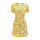 Casual Vacation Style Tiny Flower Printed Short-sleeve Flouncing Hem Dress