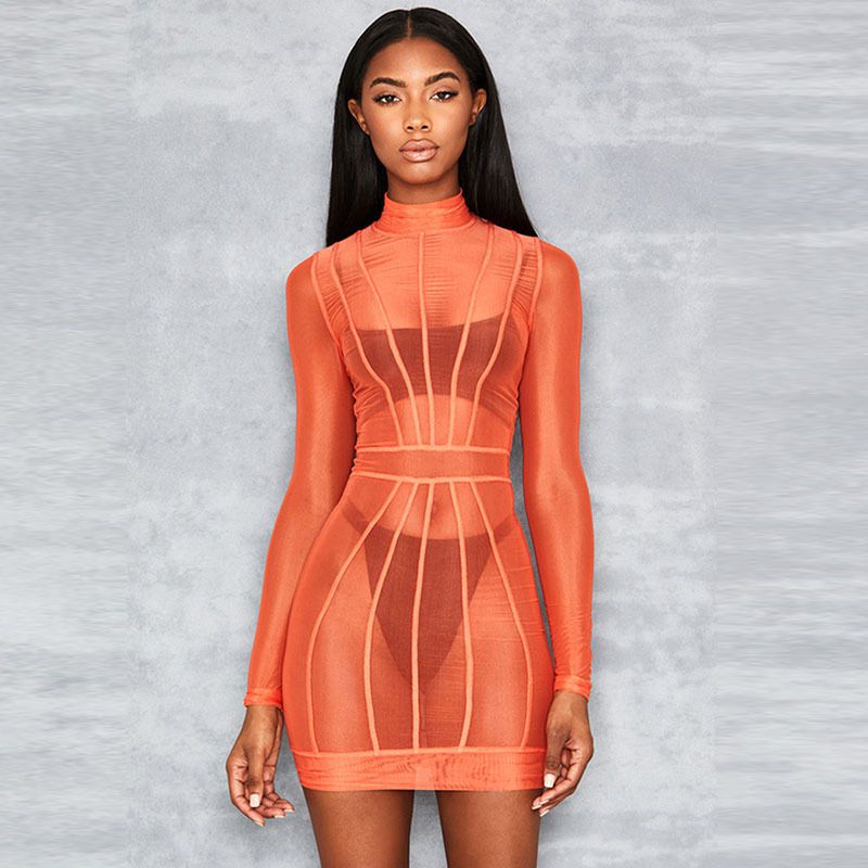 Neon Color Sexy See-through Mesh Long-sleeve Mock Neck Bodycon