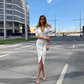 Elegant Women V Neck Puff-sleeve Buttoned Midi White Dress