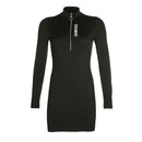 Long-sleeve Solid Color Zipper Pattern Mock Neck Women Bodycon Dress