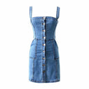 Fashion Women Campus Style Single-breasted Suspender Denim Dress