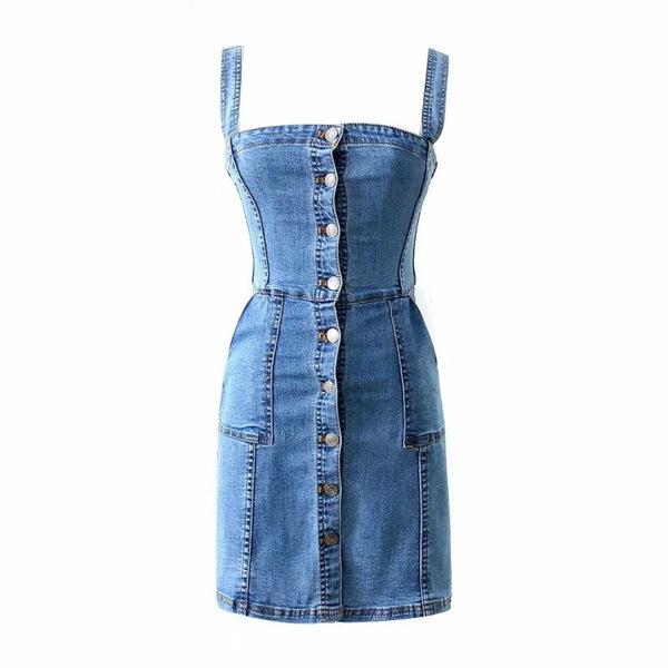 Fashion Women Campus Style Single-breasted Suspender Denim Dress