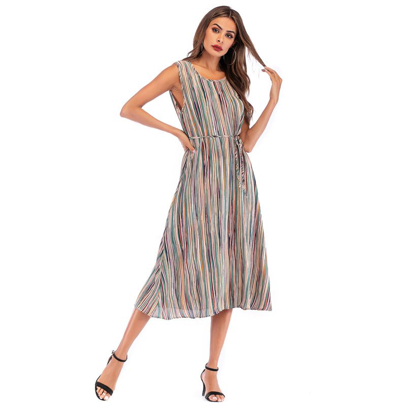 Casual Style Women Multicolor Stripes Print Sleeveless Midi Dress