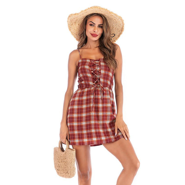 Hot Sale Sweet Women Plaid Print Spaghetti Strap Vacation Lace-up Mini Dress