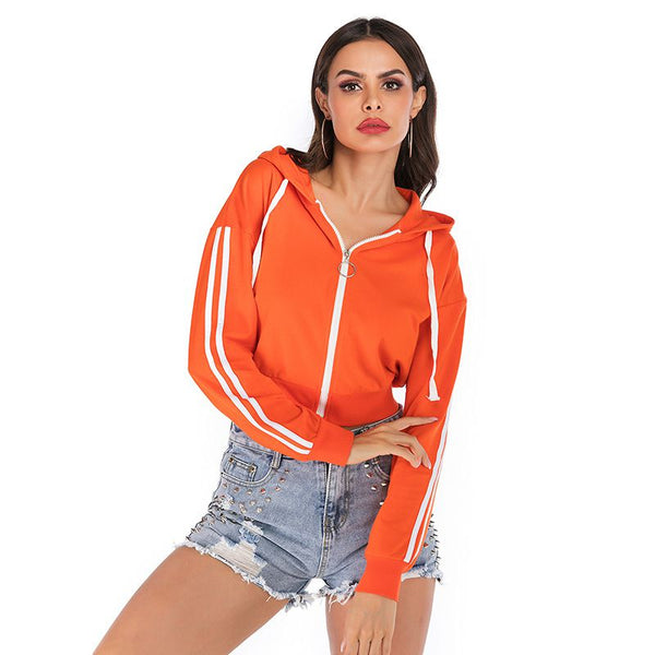 Bright Neon Orange Contrast Stripes Zipper Pattern Casual Fall Hoodies