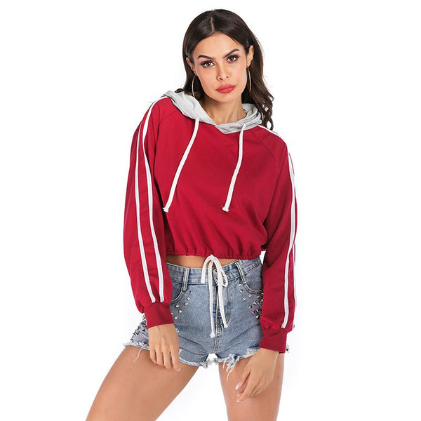 Casual Women Contrast Stripes Print Design Long-sleeve Cropped Hoodies