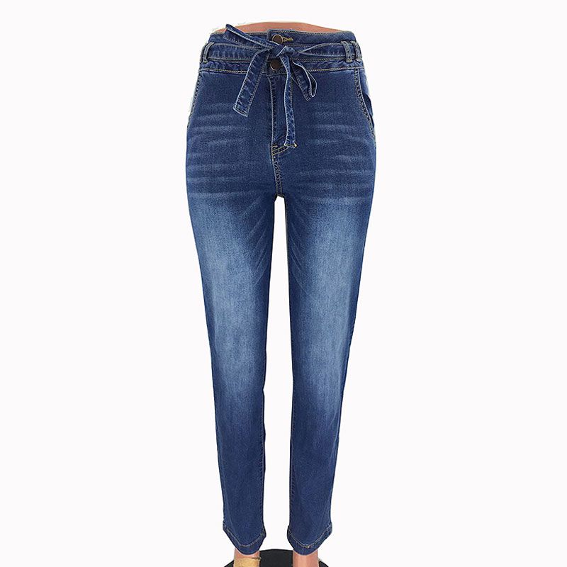 Casual Lady Stone-washed Design Lace-up Straight Jeans