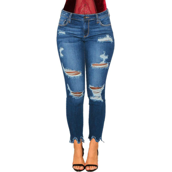 Casual Lady Irregular Raw Hem Stone-washed Ripped Tight Jeans