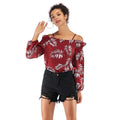 Hot Sale Casual Leaf Print Frilled Off-shoulder Long-sleeve Blouse