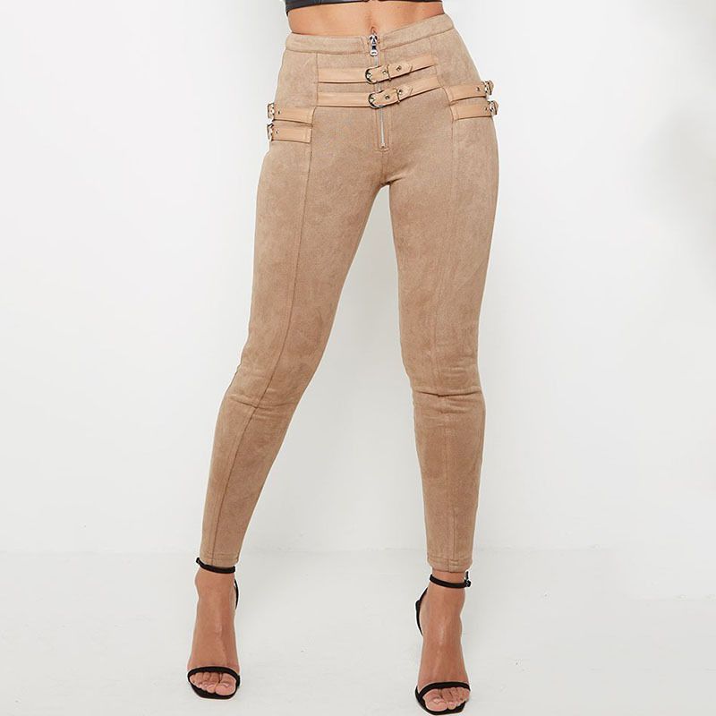 Fashion Unique Double Belts Decor Women Zipper Pattern Plain Suede Pants