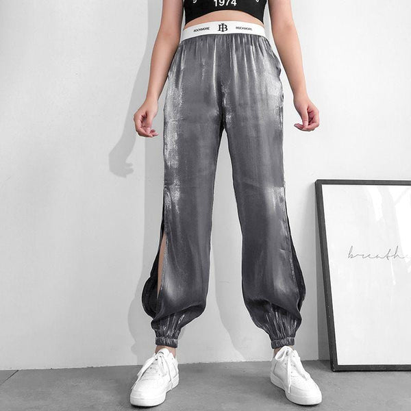 Women Letters Print High-waisted Side-slit Shiny Fabric Pants