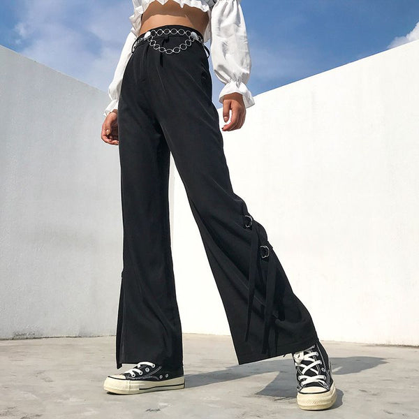 Fashion Women Street Style Belted Design Flare Black Pants