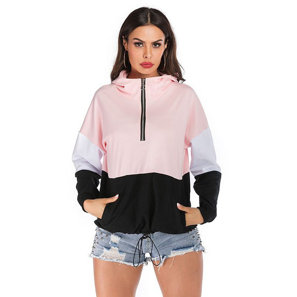 Creative Blocking Color Design Women Campus Style Zipper Pattern Hoodies