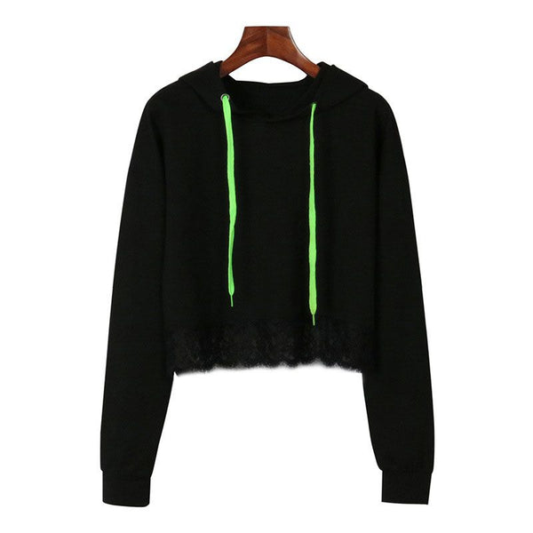 Creative Black Lace Fringed Women Long Sleeve Cropped Hoodies