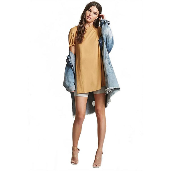Casual Women Solid Color Short Sleeve Unique Side-slit Medium Length Tee