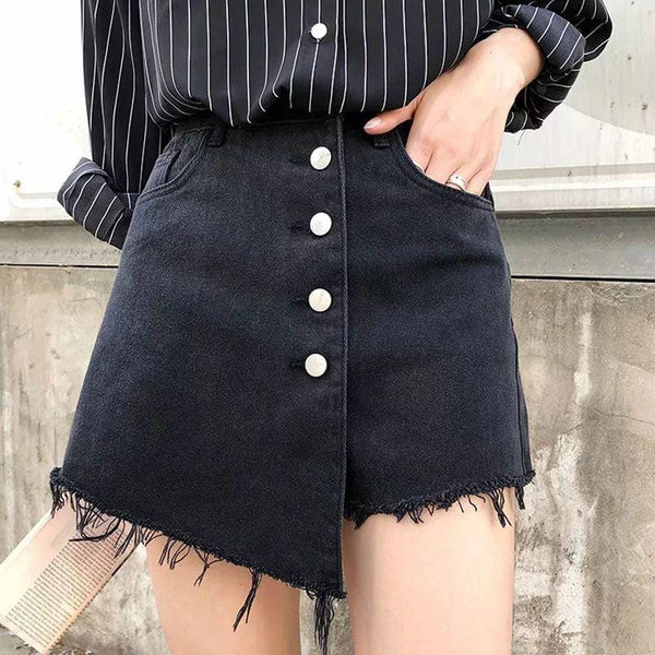 Women Irregular Raw Hem Design Single-breasted Asymmetric Denim Skirt