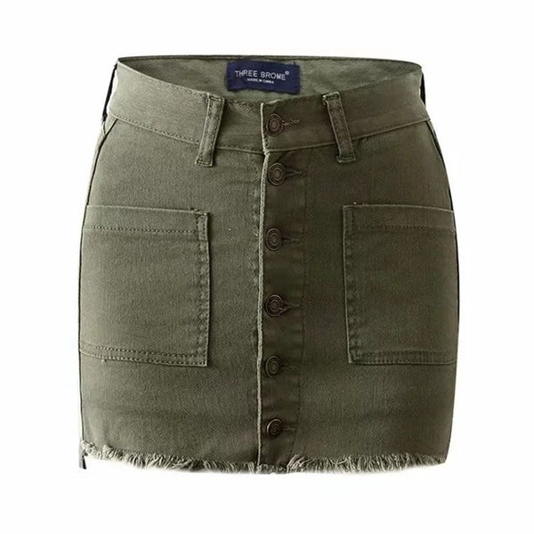 Chic Lady Solid Color Pocket Design Single-breasted Denim Skirt