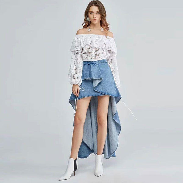 Women New Arrival Ruffled Irregular High-low Hemline Denim Skirt