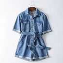 Casual Lady Short-sleeve Single-breasted Denim Rompers