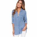 Casual Lapel Collar V Neck Single-breasted Loose Pattern Plaid Women Shirt