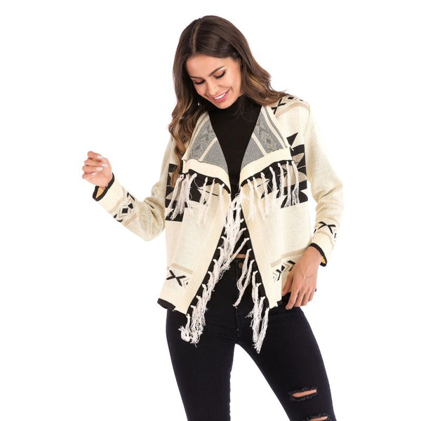 Hot Sale Retro Ethnic Geometric Knitting Tassel Fringed Long-sleeve Cardigan