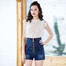 Women Casual Stitching Design Good Stretch Zipper Pattern High-waisted Denim Shorts