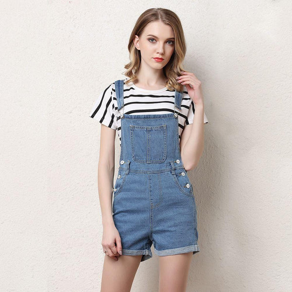 Women Campus Style Casual Plain Denim Suspender Shorts