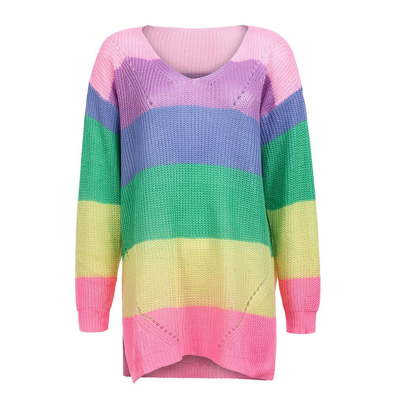 Hot Sale Women Casual Scoop Neck Oversize Knitted Rainbow Color Sweater