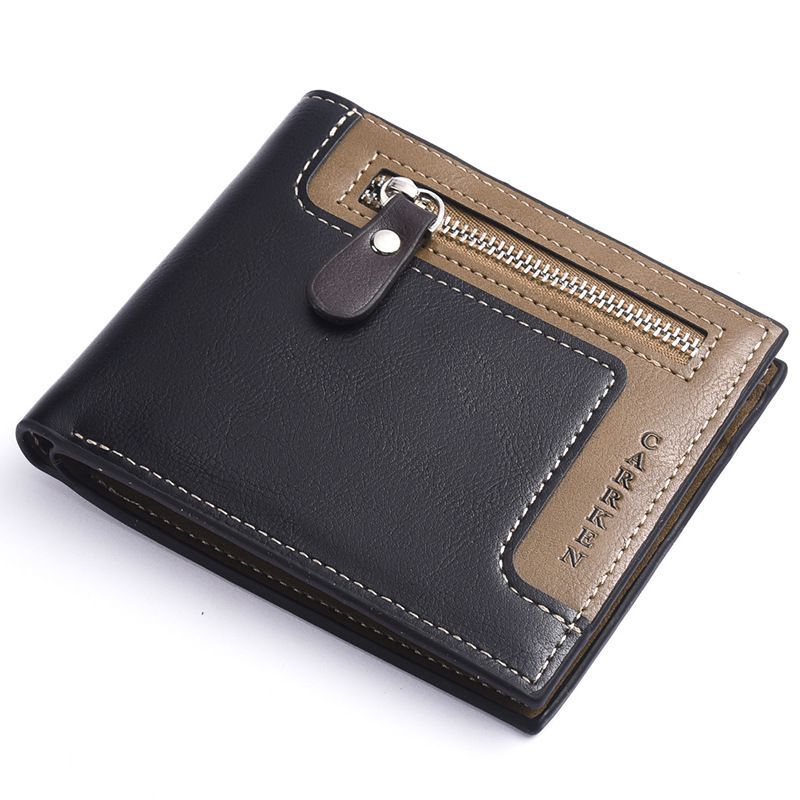 Men Fashion Vintage Block Color Design Patchwork PU Trifold Wallet