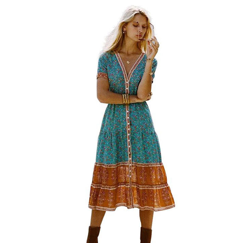 Hot Sale Women Casual V Neck Short-sleeve Bohemian Printed Chiffon Dress