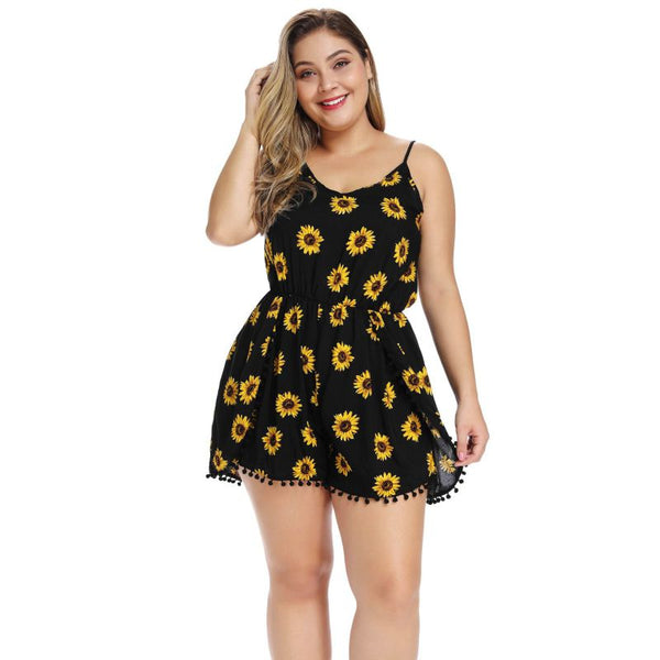 Hot Sale Women Sleeveless V Neck Floral Print Tassels Hem Rompers